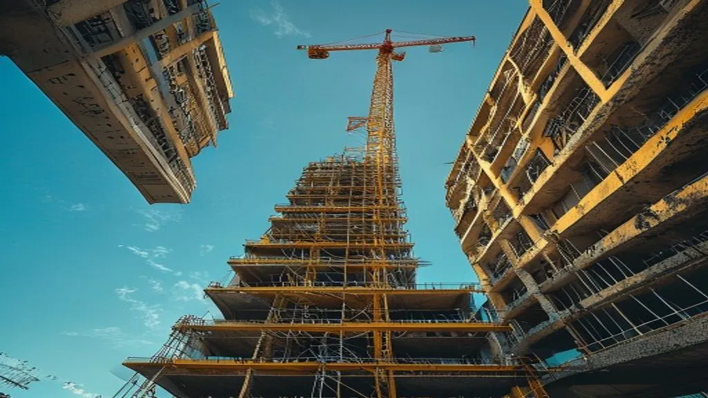 Torre residencial em construção vista de baixo com guindaste