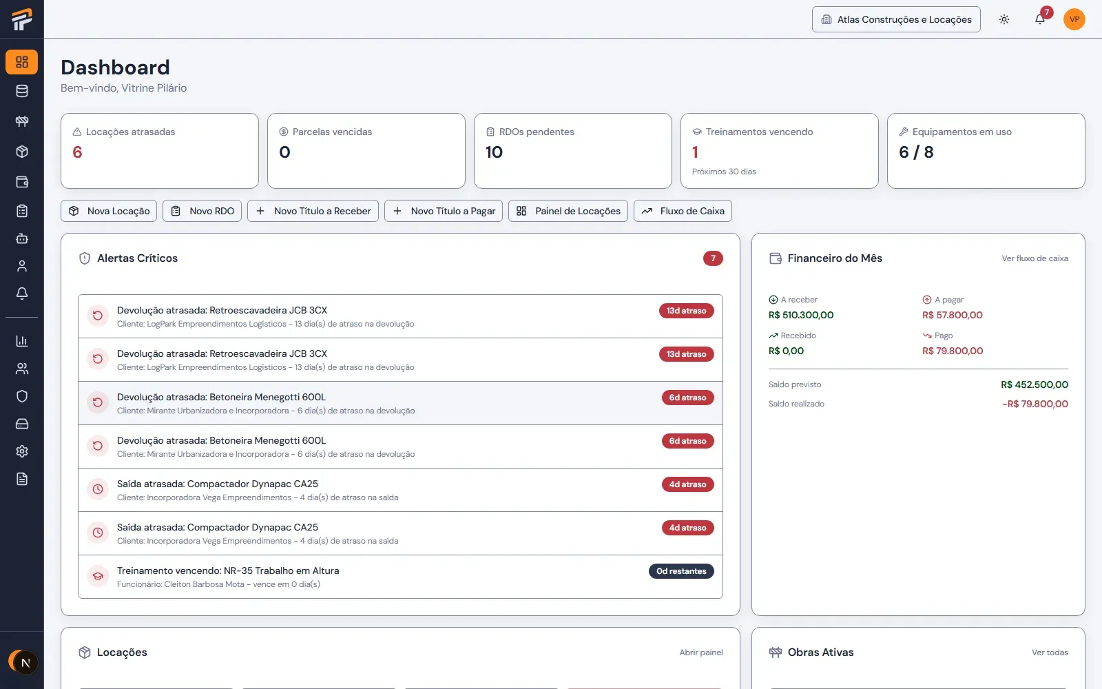 Dashboard do Pilário no notebook: locações, RDOs pendentes, alertas críticos e financeiro do mês