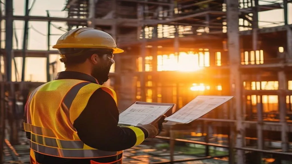 Engenheiro em canteiro de obra revisando plantas em tablet