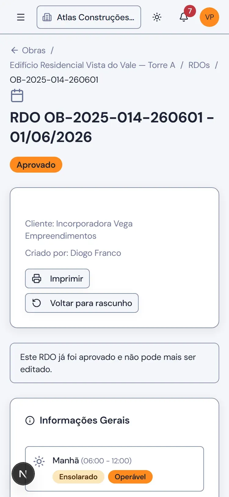 Aplicativo do Pilário no smartphone: RDO assinado direto no canteiro